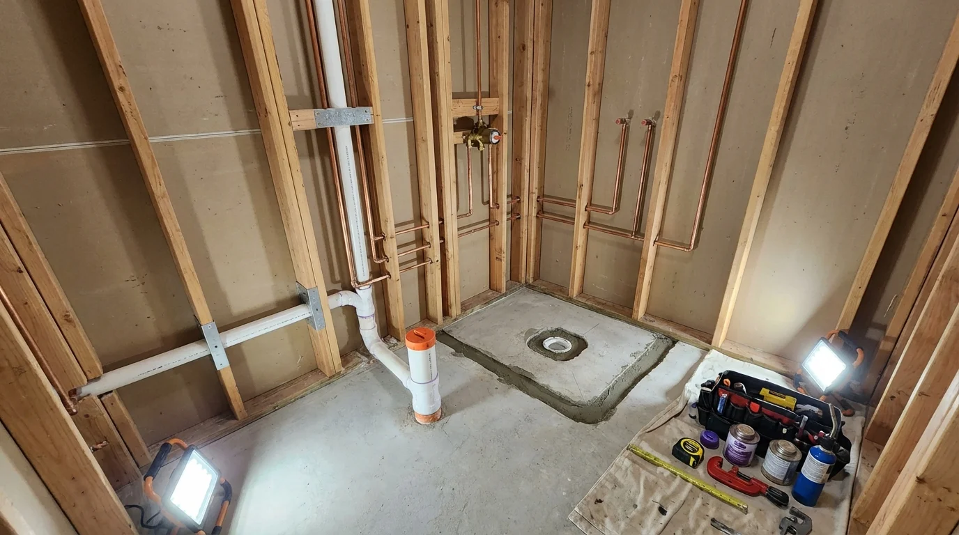 Bathroom rough-in plumbing during remodel by Johns Plumbing LLC in Scarsdale