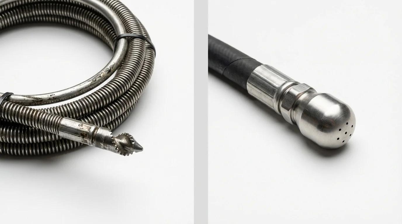 Drain snake cable and hydro jetting nozzle used for drain cleaning in Scarsdale, NY