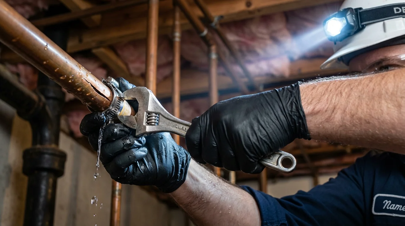 Emergency pipe clamp repair being performed by a Johns Plumbing LLC plumber in Scarsdale